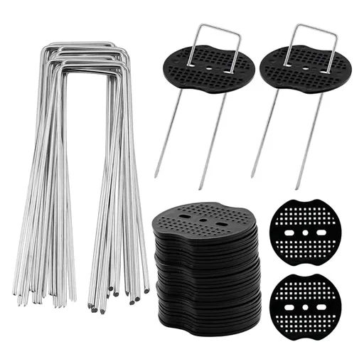 6 inch U-Shaped Landscape Staples and Fixing Gasket Set of 50, Garden Landscape Staples for Outdoor Irrigation Hoses, Fixed Fences