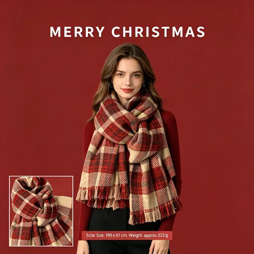 Reversible Burgundy Plaid Women’s Scarf, Skin-friendly Cashmere Touch Neck Wrap for Daily Outfit Styling and Christmas Gift Box Matching