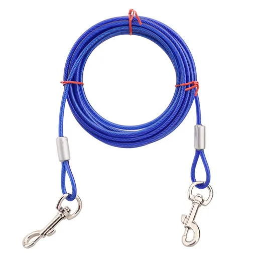 Blue Heavy-Duty Steel Wire Dual-Head Dog Tie-Out Cable Leash(5mm x 3m - 10ft) - with Dual Swivel Hooks for Tethers and Double Dog Walking