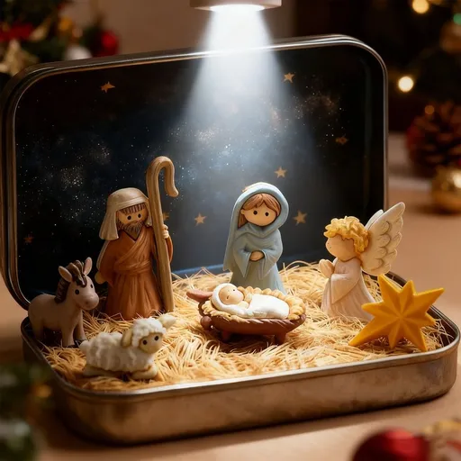 Mini Christmas Nativity Set in a Tin Box – Handcrafted Pocket Nativity Scene with Mini Jesus Figurines, Tiny Figures & Holy Family, Religious Christmas Decoration for Home or Travel (B)
