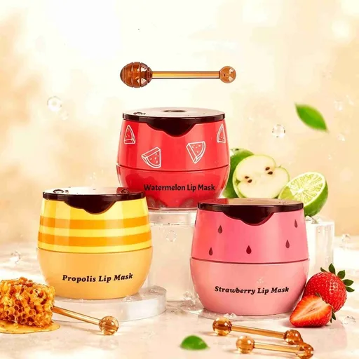 3 Pcs Bee Lip Balm Honey Pot, Honey & Strawberry & Watermelon Mask Overnight Propolis Moisturizing Lip Balm with Stick, Hydrating Repair Lip Sleeping Mask, Prevention Dry and Cracked