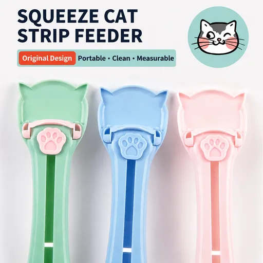 Cat Treat Paste Dispenser Spoon with Cat Paw Push Button – Portable Squeeze Feeder for Wet Food, Mess-Free Outdoor Use, Easy Clean Food-Grade PP, Cute Ear-Shaped Scoop Design (Blue)