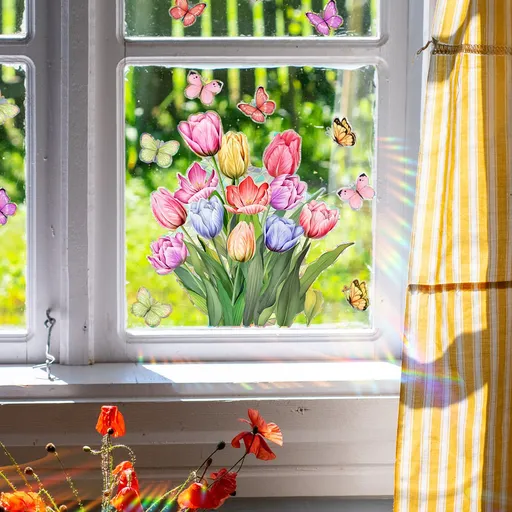Spring Summer Window Cling Sticker, Tulip Butterfly Flower Window Decal for Home Party Supplies Shop Window Glass Display