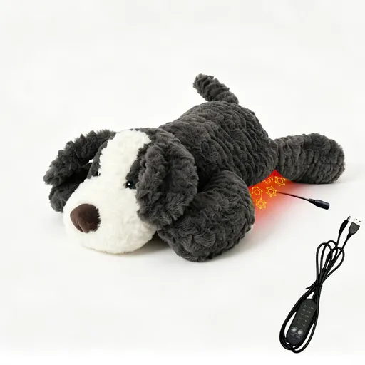 USB Heated Plush Dog Pillow – Soft Warm Stuffed Animal for Cozy Snuggling, Body Warmth & Relaxation at Home (Dark Grey Border Collie)