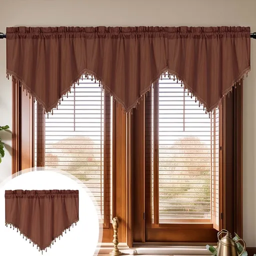 Beaded Sheer Triangle Valance Curtains, Rod Pocket Farmhouse Window Valance, Bead Trim Tassel Voile Curtain Valance, Ideal for Living Room Bedroom Bathroom Cafe Decor, 51x24 Inches, Coffee