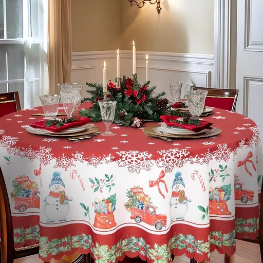 Round Christmas Tablecloth with Snowflake and Snowman Print, Waterproof and Stain Resistant, 180 cm
