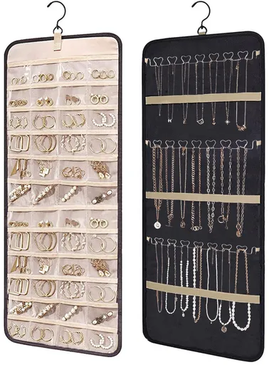 Jewelry organizer - 1 piece - Jewelry holder - Felt hanging bag - Earring organizer - Hanging jewelry organizer - Storage bag - Display rack - Double-sided necklace holder - Jewelry necklace organizer - with large zippered pockets and hooks - 84*36cm