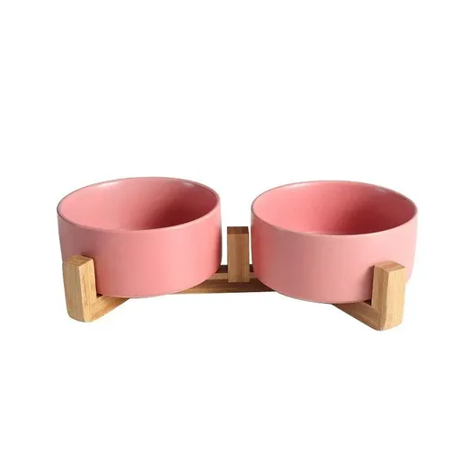 Ceramic Pet Bowl Double Cat Food Bowl Dog Water Bowl Feeding Drinking Bowl Set - Pink