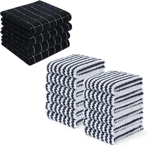 Homaxy 100% Cotton Terry Kitchen Towels(Black, 13 x 28 inches,4 Pack) and Wavy Coral Velvet Kitchen Dish Cloths(Dark Grey, 10 x 20 inches, 12 Pack),Soft and Super Absorbent Dish Towels