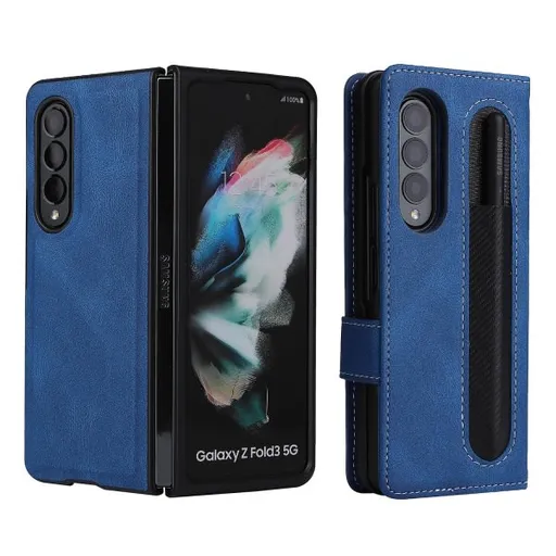 Samsung Galaxy Z Fold 3 Case Magnetic Leather Protective Cover with Card Slot and Stand Blue