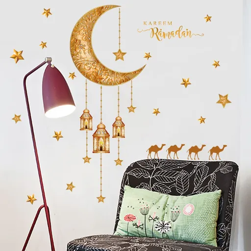 Wall Decor Stickers Islamic Muslim Wall Stickers Eid Mubarak Wall Decals Lantern Moon Star Window Clings for Home Wall