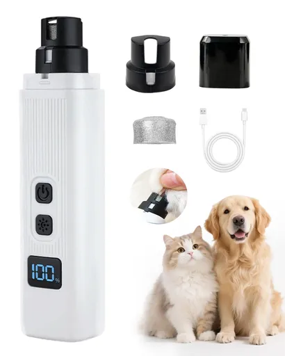 Rechargeable Pet Nail Grinder with LED Light, Quiet Electric Dog and Cat Nail Trimmer for Safe Paw Grooming, White