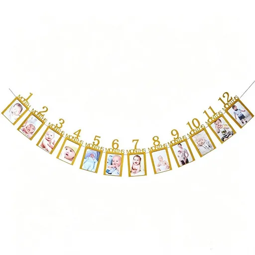 1-12 Month Baby Milestone Photo Garland, First-Year Picture Display Banner, Gold