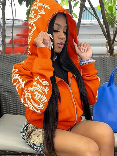 Y2k Hoodie Gothic Streetwear Women'S Zip-Up Jacket Letter Print Hoodie - Tangerine - Size M(AU M/EU48)