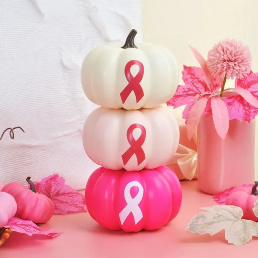 3 Pcs Breast Cancer Awareness Decorations Artificial Pumpkins Bulk Faux Foam Pumpkins with Pink Ribbon Pattern for Fall Halloween Table Decor (Hot Pink, White)