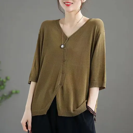 Ice Silk Women Cardigan Loose V Neck Half Sleeve pickle green XXXL
