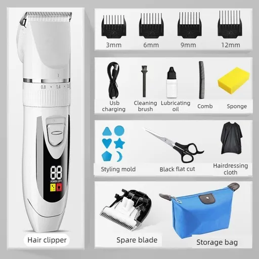 Digital Display Electric Hair Clipper, Rechargeable Hair Trimmer for Adults & Kids, Includes a Free Replacement Blade—White