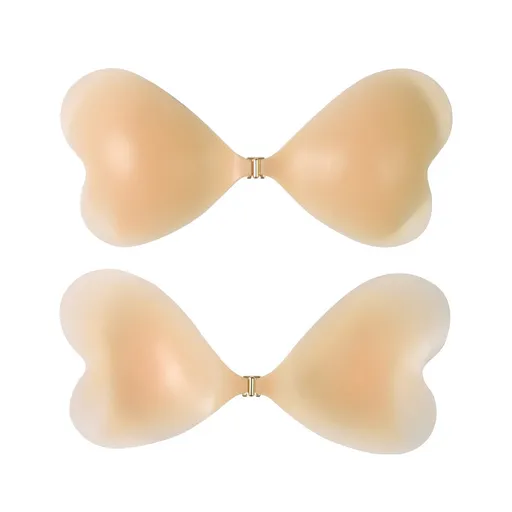 Size L [C/D cup] Two Pairs Pink Skin Colour Heart-Shaped Silicone Breast Sticker - Thin Invisible Push-Up for Small Chest Enhancement