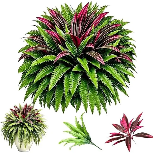 UV-Resistant Artificial Fern & Red Dracaena Decorative Plants,Fade-Resistant, Full & Lush, Indoor Decor, Large Size