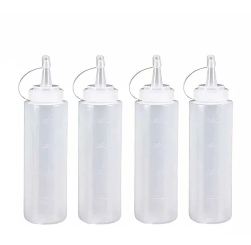 4 pieces - 200 ml - Dosing bottle - Squeeze bottle - Sauce bottle - Garnish bottle - Plastic - White - with spout cap - Leak-proof lids - With check marks - For garnish, sauce or batter