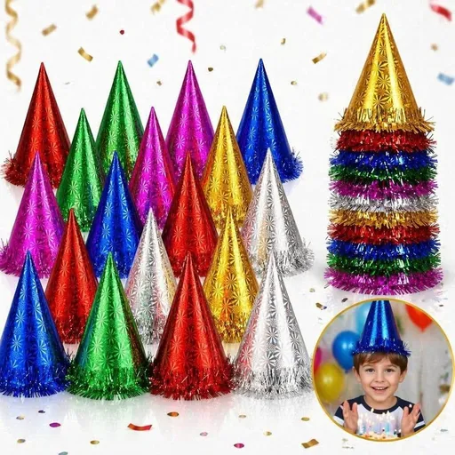 24 Pack Colorful Metallic Fringe Party Cone Hats, 20 Inch Shiny Foil Birthday Party Hats, Assorted Color Fringe Party Headwear for Birthday, New Year, Carnival & Holiday Party Decor