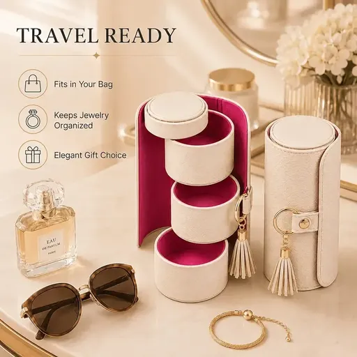 Vertical Jewelry Storage Organizer​ – PU leather, three-layer compartments, tassel accents, portable and tangle-free, essential for home and travel storage(creamy white)