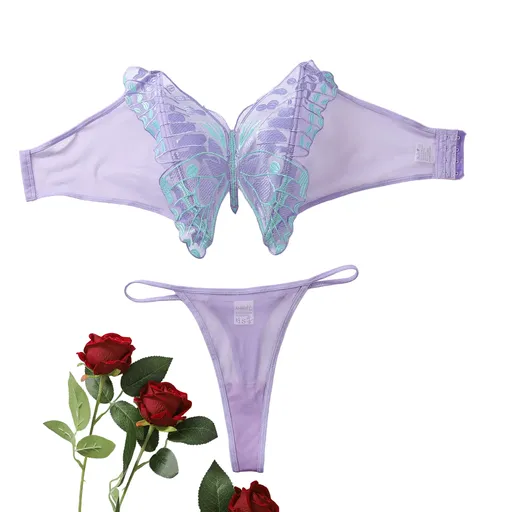 House Of Dasein Sexy Lingerie Women's Mesh Embroidery Bow Erotic Set - Light Purple - M