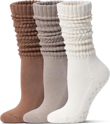 Pilates Socks with Grips for Women Long Slouch Non-Slip Yoga Barre Chioned Workout Scrunch Socks 3 Pairs