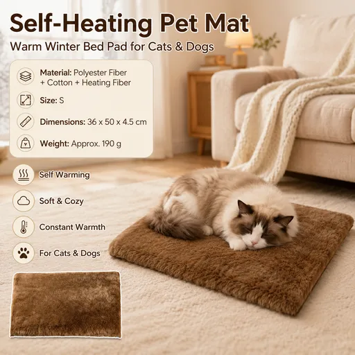 Self Heating Pet Mat Soft Plush Non-Slip Thermal Bed Size 36x50cm Brown for Cats and Small Dogs Indoor Crate Car Travel Use