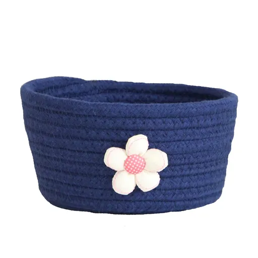 Small Woven Storage Basket, Cotton Rope Rattan Shelf Bin for Toys and Closet Organization at Home or Nursery, Navy Blue, 16 x 8 cm