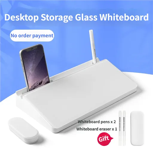 White Slanted Glass Memo Board & Desktop Organizer with 2 Markers & Residue-Free Eraser - Computer Keyboard Stand Dry Erase Notepad