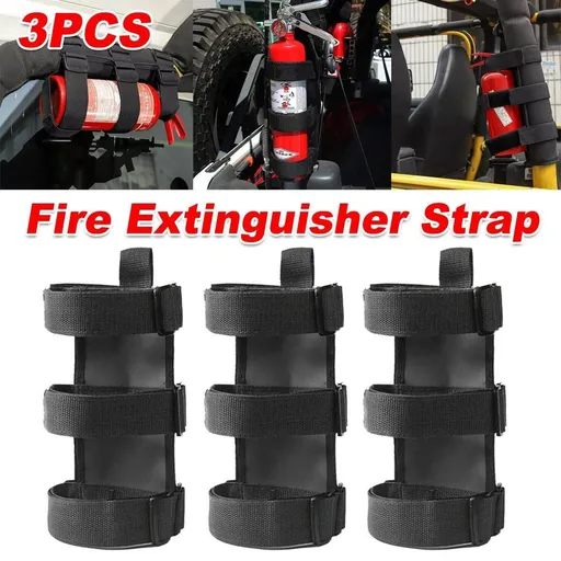 Car Fire Extinguisher Mount Holder Strap 3 Piece Adjustable Design Heavy-Duty Material Black