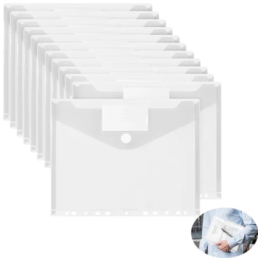 12Pcs Binder Pockets for 2/3/4 Ring,11 Holes Binder Folders,Clear Document Folders,A4 Size Clear Document Envelopes,Snap Button Pouch with Label for Home Work Organization White