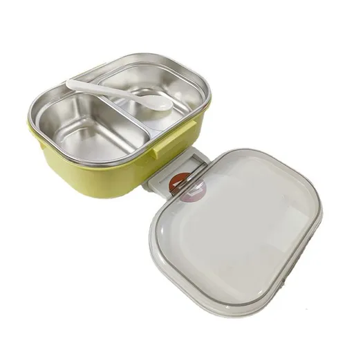 Stainless Steel Lunch Box Korean Style 2 Compartment Bento Box Metal Food Container for Kids Adults Pupils Office Workers chartreuse