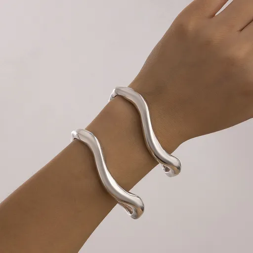 Stackable Irregular Curved Metal Bracelet 2 In 1 Pack, Silver Lava Texture Open Cuff, Trendy Ladies Wrist Accessory for Xmas Halloween Gift Exchange, Code 5091