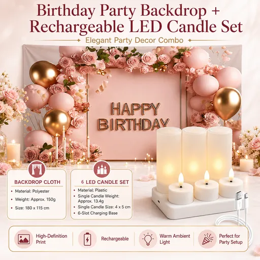 Birthday Party Backdrop and Rechargeable LED Candle Set - 180x115 cm Printed Floral, balloon, and candle patterns "Happy Birthday" polyester banner, includes 6 LED candles for Indoor Celebration Decor