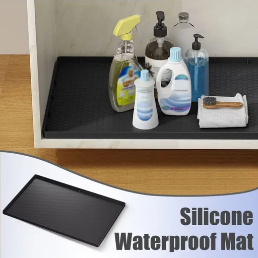 Waterproof Silicone Under Sink Mat Black Flexible Cabinet Liner with Drainage Hole, 34 x 22in