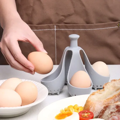 Stackable Soft Silicone Egg Boiler Holder - Reusable 4-Hole Egg Poaching and Boiling Basket with Drainage Holes and Lift Handle