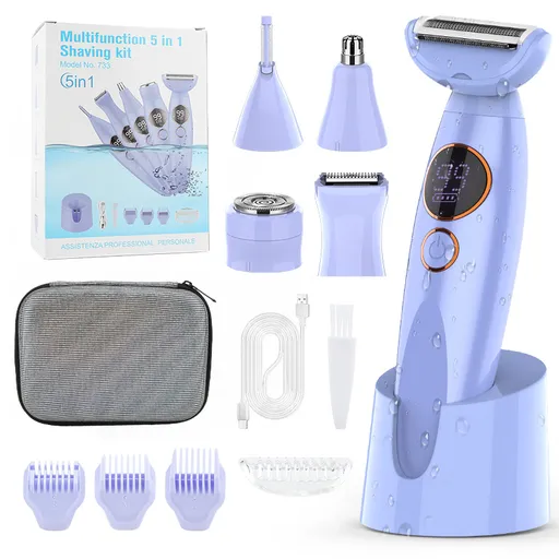 Purple 5-in-1 Women's Hair Removal Epilator – Multi-Function Body Grooming Kit with Waterproof Design, LED Display & USB Charging