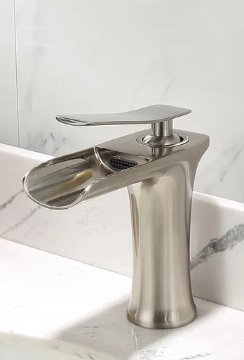 Basin Hot and Cold Water Faucet – Waterfall Spout, Antique Brushed Finish, Short Model, Vintage Bathroom Sink Mixer Tap - Gray - Size 135mm