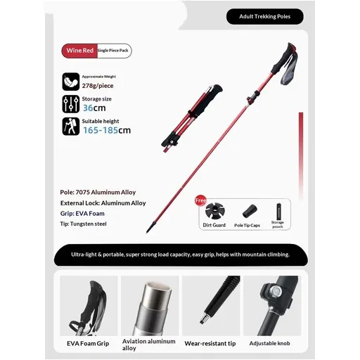 Aluminum Collapsible Ultralight Travel Trekking Hiking Pole for Men and Women (Fits 165-185cm) Mountaineering Trekking Pole