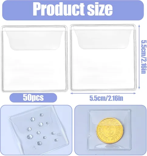 50 Pack Plastic Coin Sleeves, 2.1 x 2.1 Inch Clear Plastic Coin Protectors Small Pouches for Coins Holder Storage Individual Coins Holders for Currency Bills Collectors