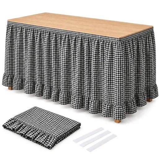 Checkered Desk Skirt, 6ft Table Skirt with Ruffled Hem (Black) for Parties and Display Tables
