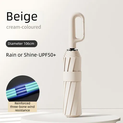 Beige Heavy Duty Fully Automatic Carabiner Umbrella with Integrated Hook Handle (Diameter 106CM) - Ultra Windproof and UV Protective Sun & Rain Umbrella