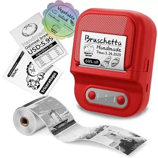 Portable Inkless Thermal Label Printer with Bluetooth Connectivity, Compatible with 12-58mm Paper Widths for Home Organization, Office Filing, Retail Pricing, and Creative Labeling Projects (Red)
