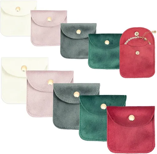 10 Pcs Velvet Jewelry Pouches with Snap Closure, Soft Storage Bags for Rings Necklaces Bracelets Earrings Watches and Brooches, 5 Colors