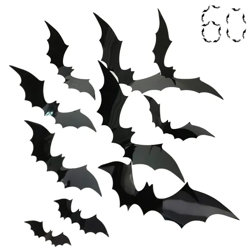 Bats Wall Decor, 60 Pcs Large Bat Stickers Halloween Decorations Window Clings Wall Decals 3D Bat Cutouts , 4 Sizes, Black