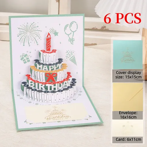 6-Pack - Classic Color Clashes Cake 3D Pop-Up Birthday Cards, Papercut Foldable Greeting Gift Cards - Cyan