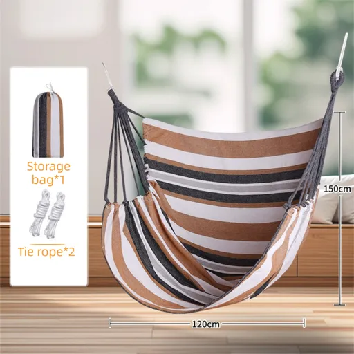 Khaki Stripes Oversized Hanging Swing Chair Canvas Hammock (120 x 150 CM) - Portable Indoor & Outdoor Leisure Hammock Chair with Thickened Binding Ropes and Storage Bag