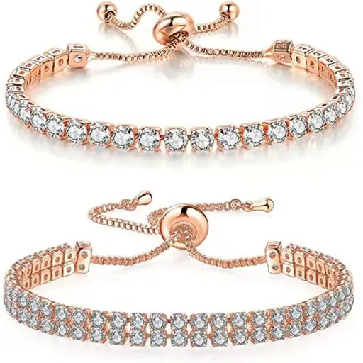 Rose Gold High-Sparkle Cubic Zirconia Iced-Out Tennis Bracelet of Single Row & Double Row (5.7" to 11.3") - Minimalist Geometric Dainty Jewelry